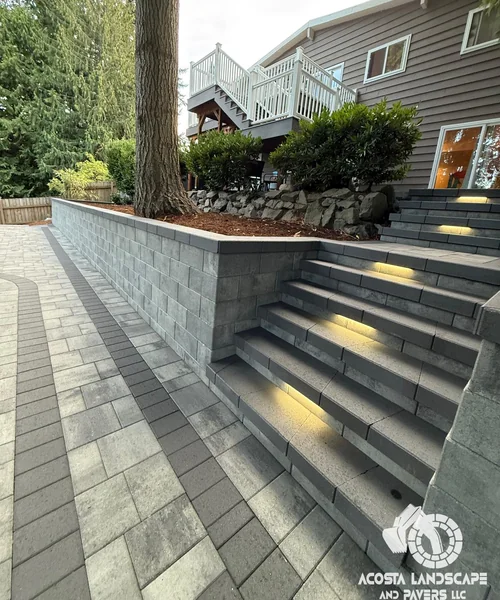 Landscape Design, Tiered Paver Patio & Turf in Shoreline 